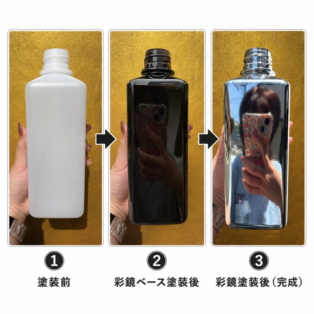 彩鏡 ビフォーアフター:①塗装前 →②彩鏡ベース塗装後 →③彩鏡塗装後(完成・鏡面化)